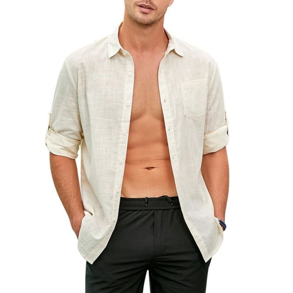 BLUEMING - Mens Long Sleeve Button Down Cotton Linen Shirts C Beige